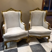 Pair of Louis XVI Armchairs French Gilt Antique Upholstered Wing Back