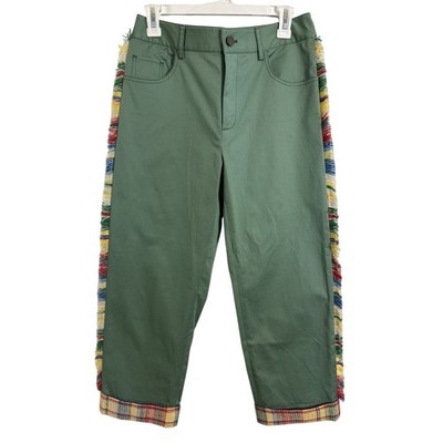 Monse Green Wide Leg High Rise Cropped Pants Size 2 Fringe Plaid Cuffed Abstract