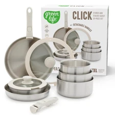 GreenLife 10 Piece Stainless Steel Pots and Pans, Detachable & Stac... Fast Ship
