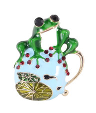 Frog Teacup Brooch Enamel Rhinestone Whimsical Animal Lily Pad Pin Jewelry Gift