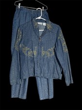 VTG 80s Blair 2pc Denim Set Pants Zip Up Jacket Shirt Embroidered Studded S PT