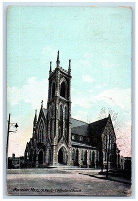 1911 ST. Paul Catholic Chruch Scene Street Worcester Massachusetts MA Postcard