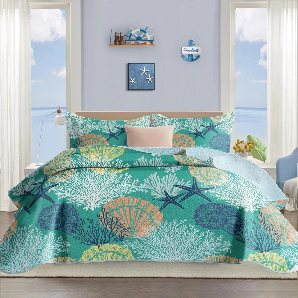 Coastal Quilt Set Full/Queen Size - Reversible Bedding - Image 3 of 4