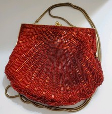 Vintage Beaded Clam Shell Formal Evening Bag Purse Red Long Gold Chain Heavy