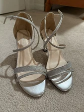 BENJAMIN WALK TOUCH UPS Silver Glitter Strappy Block Heel Ankle Strap Sandals