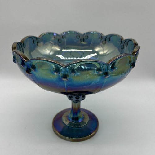 Vintage Indiana Glass 7.5" Blue Iridescent Carnival Pedestal Compote Fruit Bowl - Picture 10 of 10