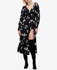 $168 FREE PEOPLE BLACK FLORAL PRINT LONG SLEEVE SO SWEETLY MIDI DRESS Sz S