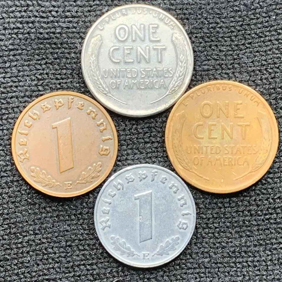 4 Coin Lot US Emergency Issued Steel Penny VS Third Reich Zinc 1 Pfennig  - Image 2 of 2