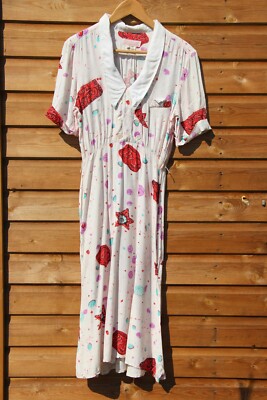 SELTENES 70er Jahre Cue Design Viskose Cracker Jack Shell Print Kleid S 