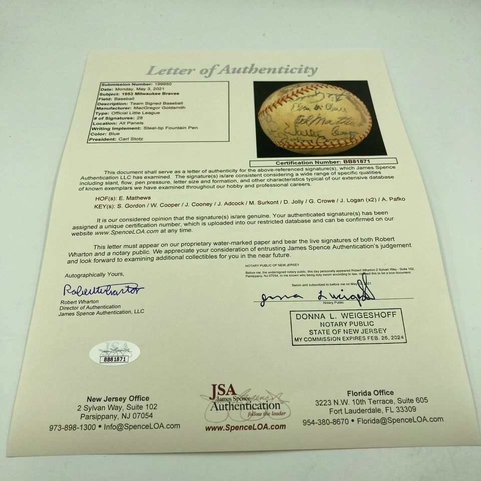 Nice 1953 Milwaukee Braves Team Signed Baseball 28 Sigs Eddie Mathews JSA COA - Image 4 of 4
