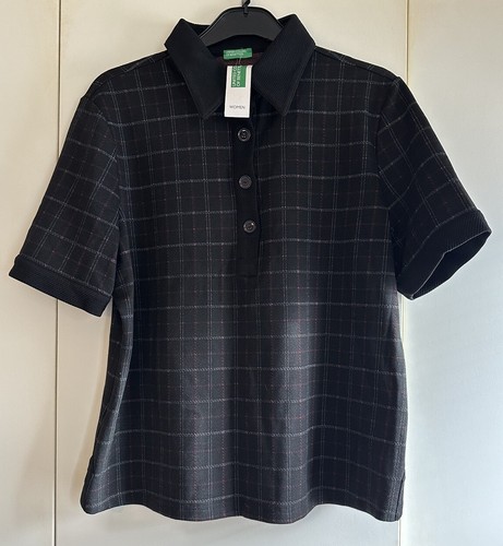 UNITED COLOURS OF BENETTON BLACK KNITTED POLO SHIRT RARE PLAID UK XL BRAND NEW - Picture 1 of 6