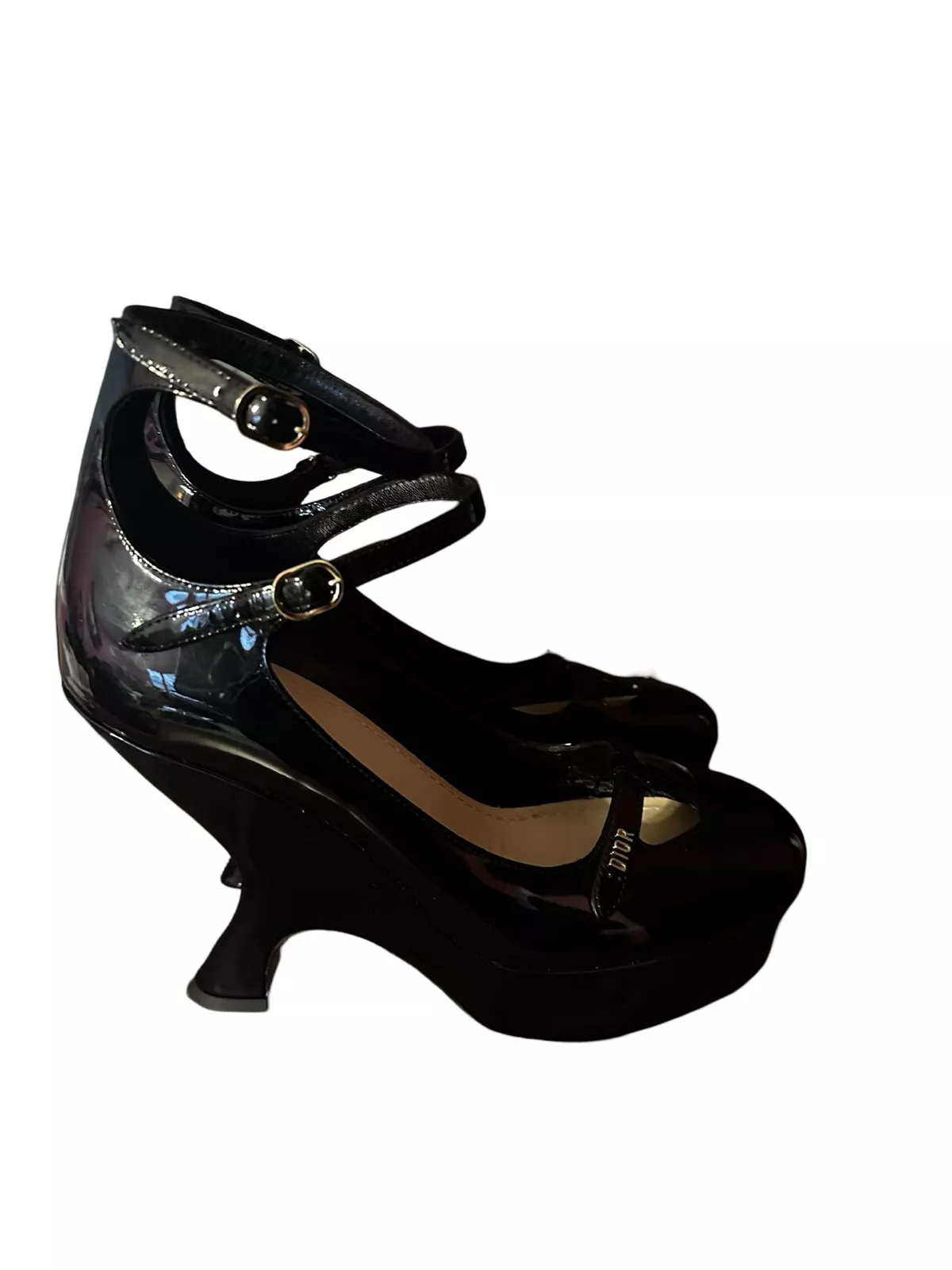Chaussures plateforme Christian Dior 40/10 cuir verni noir talons logo argenté excellent état !