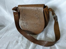 Vintage Brown Tan Hand Tooled Leather Floral Hippie Western Purse Saddle Bag