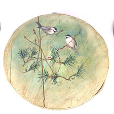 Hand Painted Bentwood Wood Cheese Box Chickadee Birds Round Country 15" dia