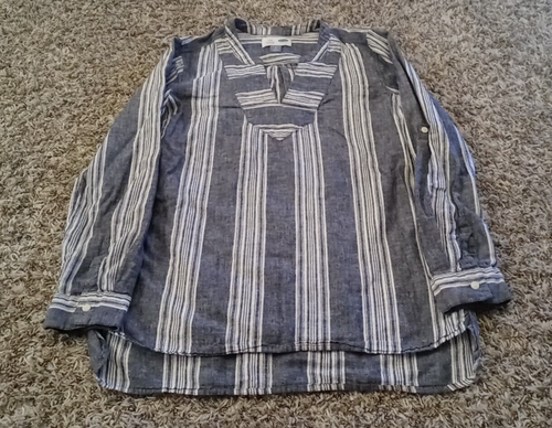 Old Navy Shirt Womens Small Blue Striped Linen Tunic Long Sleeve V Neck Pullover