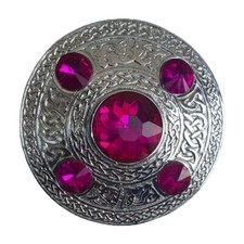 Scottish Kilt Fly Plaid Brooch Metal Chrome Finish 5 Pink Stones