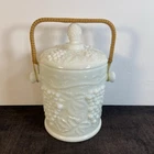 Vintage Westmoreland Paneled Grape Milk Glass, Covered Jar w/Wicker Handle.