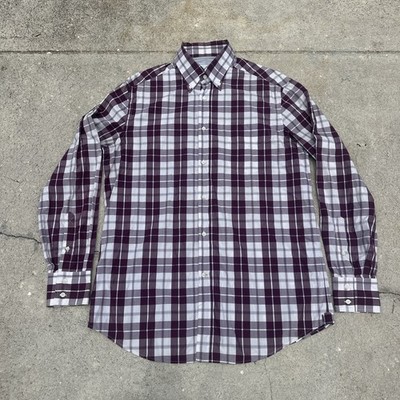 Brunello Cucinelli Button Down Dress Shirt Mens Large Plaid Cotton Italy Luxury