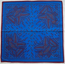 Vintage Blue Cotton Handkerchief Bird Geometric Line Drawing Ethnic Hanky 18" P