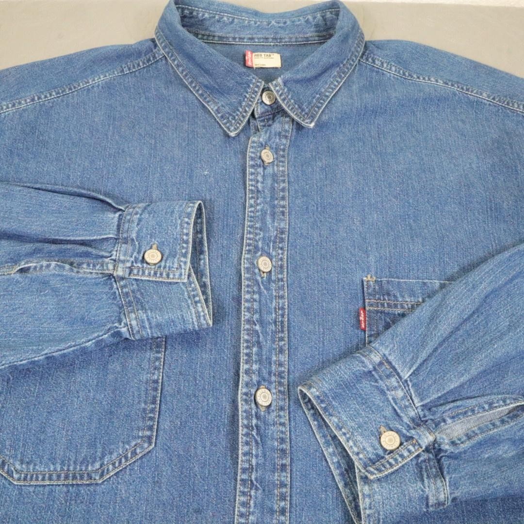 Levis Denim Shirt Mens 2XL Blue Metal Button Front Red Tab Pockets Y2K Vintage
