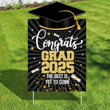 , Congrats Grad Yard Sign - 16X10 Inches  Black and Gold Class of 2025 Congrats