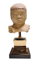 Vintage Cast Composite Asian Man Bust Replica On Metal Stand 13"