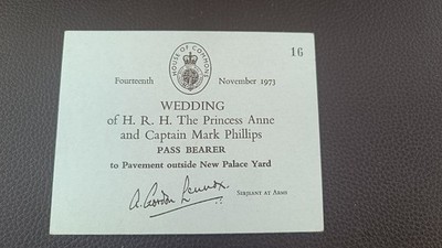 Royal Wedding Pass Bearer Card - Prinzessin Anne und Captain Mark Philips 1973