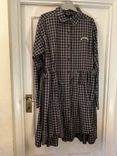 LAZY LOAF Grey & Black Check ‘BORED’ Button & Ribbon Tie Cotton Shirt Dress,M/L