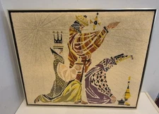 Vintage Needle Point Embroidery Framed Picture Wall Art 3 Wise Men Huge