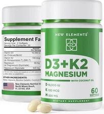 New Elements Vitamin D3 K2 Supplement Bone Health Immune Energy Support 60 Ct