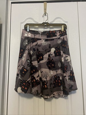 Halloween Haunted Houses Graves Cats Bats Skull Print 100% Cotton Mini Skirt XL