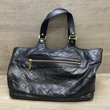 Tory Burch Quilted Black Leather Tote Bag Gold Hardware Mirror Accent