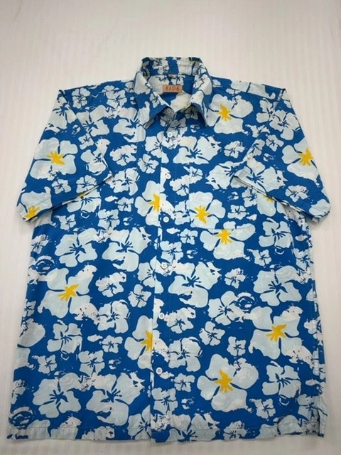 SAPS Men's Blue Hawaiian Hibiscus Shirt XL Cotton Short Sleeve