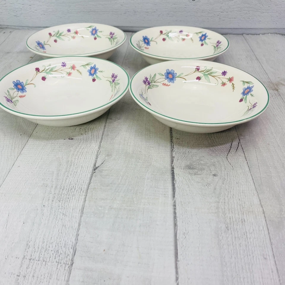 Juego de 4 cuencos de cereal Oneida AVA blanco azul púrpura flores banda verde gres Foto 3 de 4