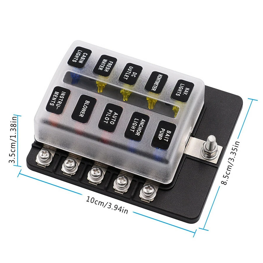 10-Way Blade Fuse Box Block Holder LED Indicator w/ Fuses for 12V 24V Car Marine - Image 3 of 4
