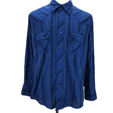 Wrangler L Blue Stripes Snaps Western Button-Up Long Sleeve Casual Men's Shirt