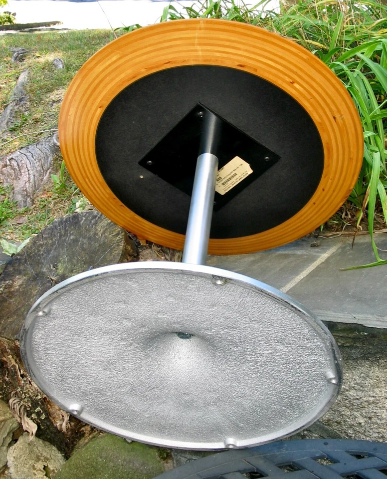 复古 TUOHY 圆形 TULIP 脚踏桌木顶刷钢底座原装 标签 — 第 3/4 张图片