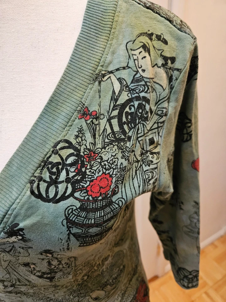 РЕДКИЙ новый Y2K GLIMA зеленый красный галстук краситель печати Японии гейша хлопок блузка верхний S - Изображение 2 из 4