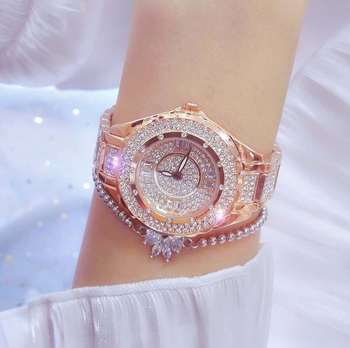 Full Diamond Luxury Women Watch Round Face Stylish RoseGold Women's Wrist Watch - Picture 6 of 9