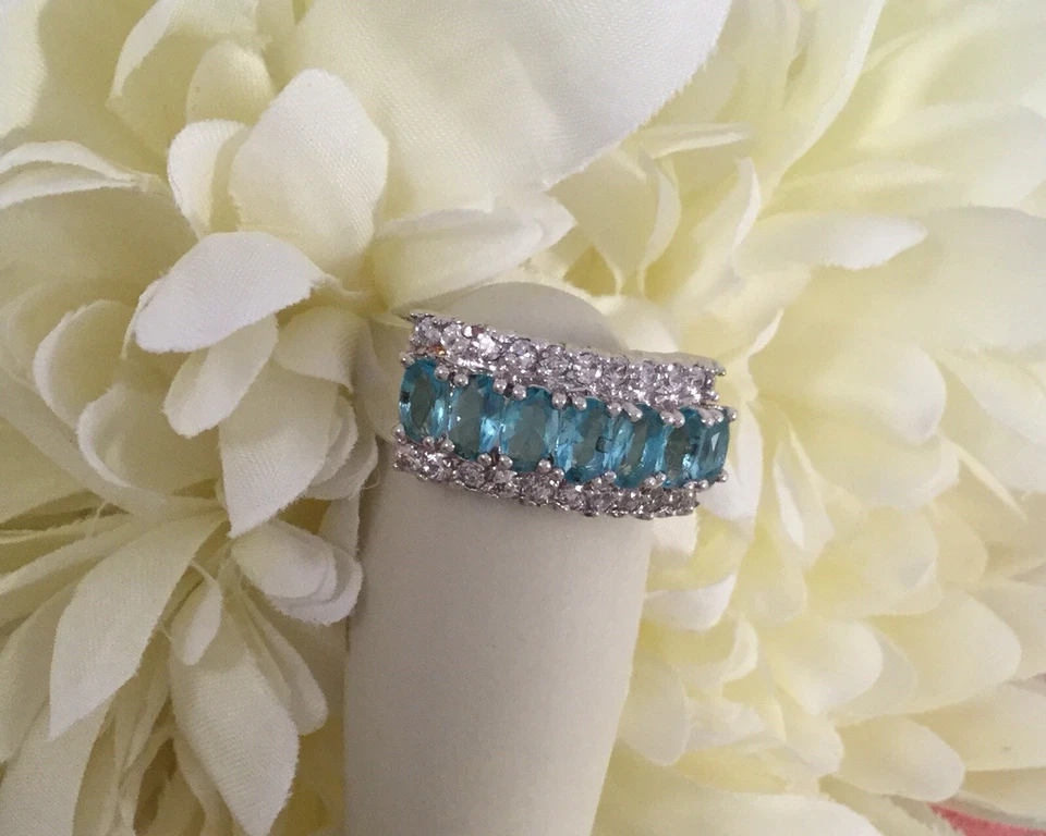 Joyería Vintage Anillo Oro Topacio Azul Zafiros Blancos Joyería Antigua Deco 8 Q Foto 3 de 4