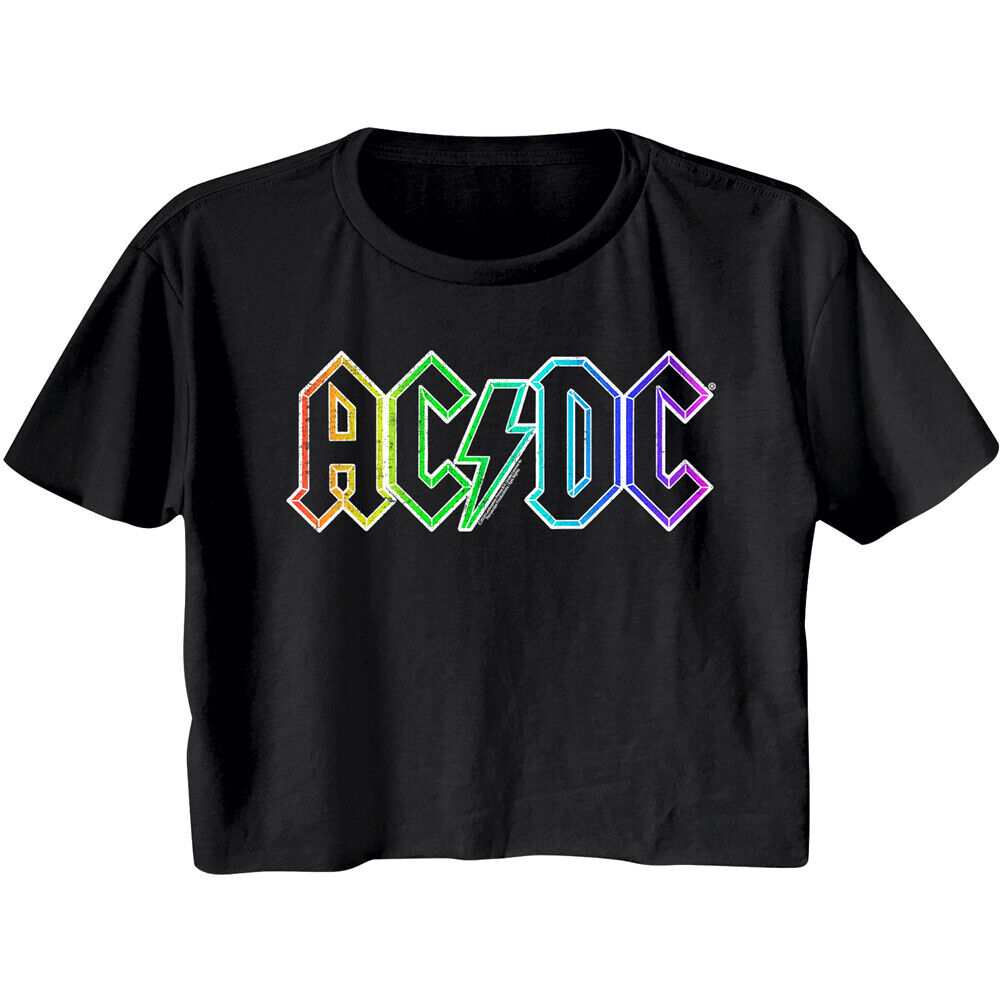 ACDC Logo Women's Crop Top Shirt Neon Rainbow Cropped Top Rock Band Tee Concert