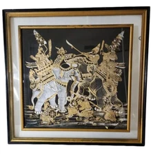 VINTAGE THAI MYTHOLOGICAL HISTORICAL FRAMED PRINT 23.5 x  22.5 UNDER GLASS