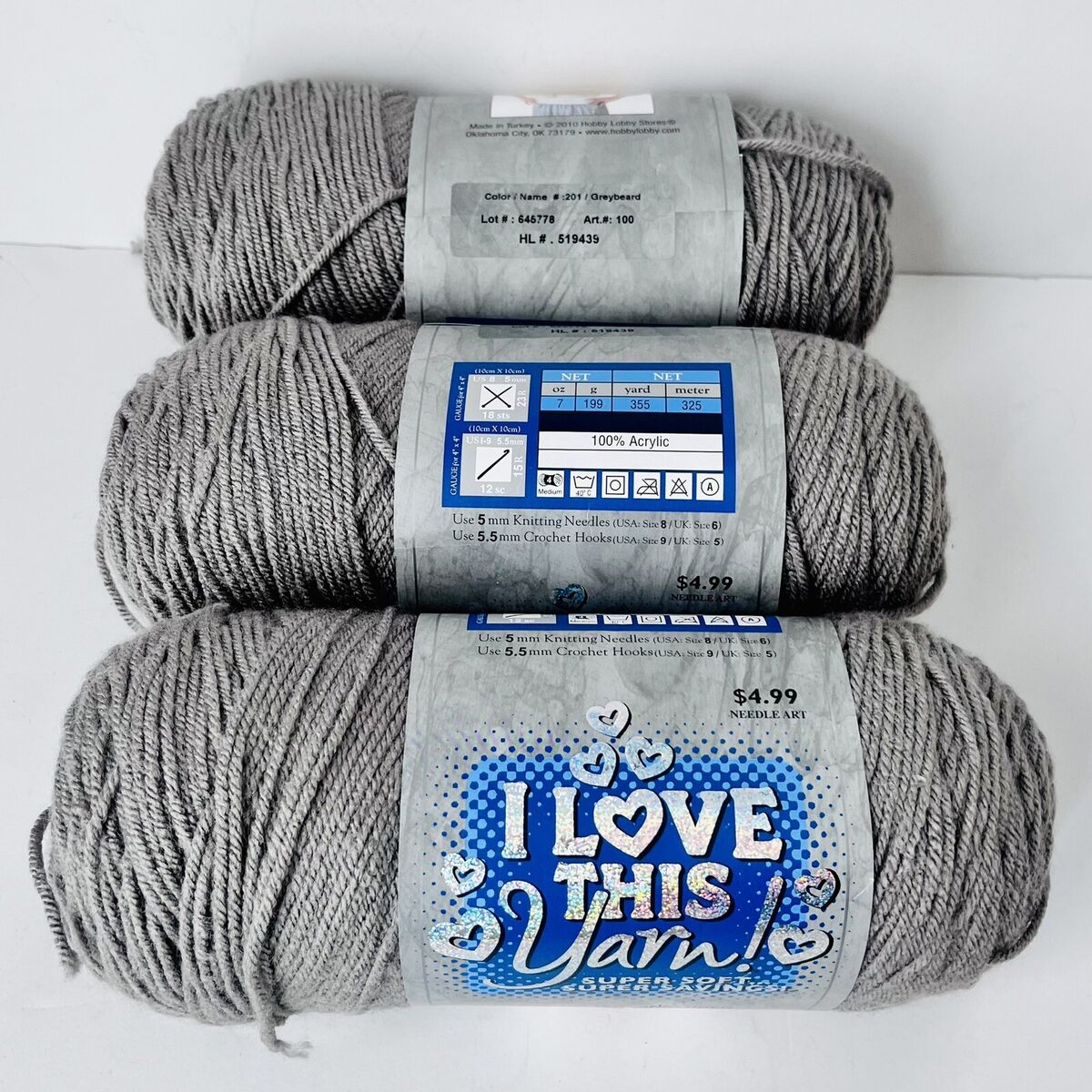 I Love This Yarn Super Soft GreyBeard Grey Acrylic 7oz 355 yds Lot 3 Skeins