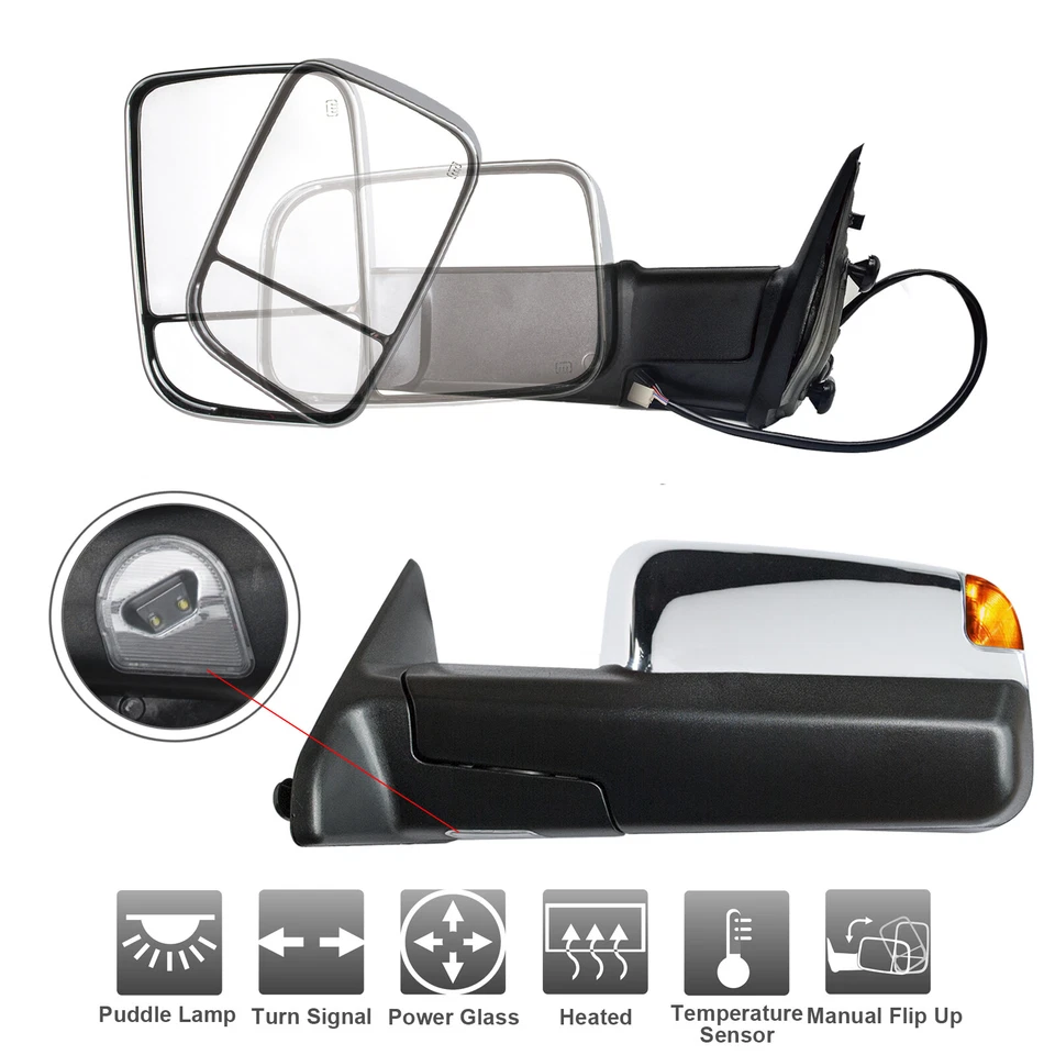Espejos retrovisores de remolque para Dodge Ram 1500 2500 3500 2009-2018 tapa cromada térmica eléctrica Foto 2 de 4