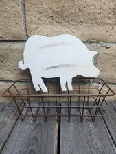 Distressed Wooden Pig Wire Basket Wall Hanging