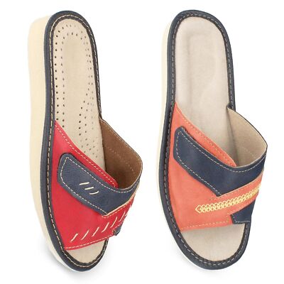 Hausschuhe Damen Leder offen Klettverschluss orange rot blau Gr. 36-41 Beja