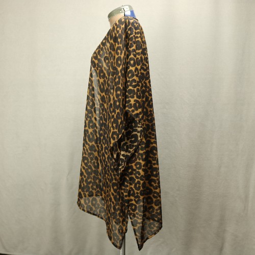 Terra & Sky Leopard Print Crinkle Chiffon Sheer Beach CoverUp Kimono Brown 0X 14 - Picture 5 of 17