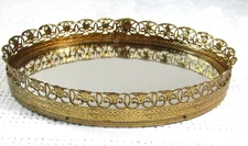 Vtg. Stylebuilt Oval Gold Filigree Mirror Vanity Dresser Perfume Tray 7-1/2" L