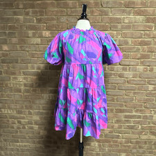 Peach Love Women’s Purple Multi Puff Sleeve Tiered Dress Sz S NEW