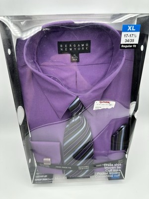 Bergamo New York Dress Shirt Men 17-17 1/2 Long Sleeve Cotton Blend Purple